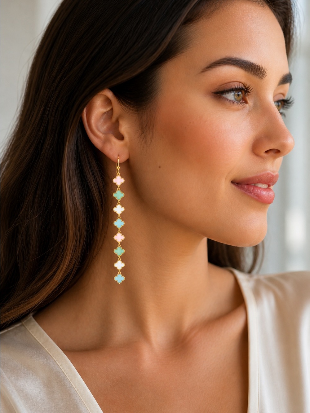 Gold Drop Earrings with Pink, Mint, White and Blue Clover Accents - Picture 3 of 3